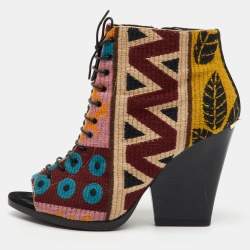 Burberry Multicolor Canvas Virginia Tapestry Printed Lace Up Ankle Length Boots Size 39