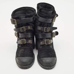 Burberry Black Leather and Suede Aviator Dukes Combat Boots Size 39