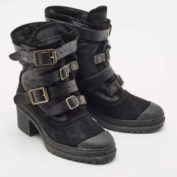 Burberry Black Leather and Suede Aviator Dukes Combat Boots Size 39