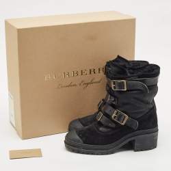 Burberry Black Leather and Suede Aviator Dukes Combat Boots Size 39