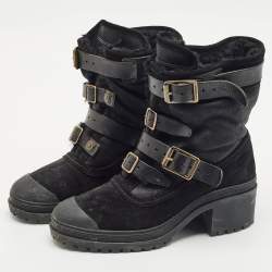Burberry Black Leather and Suede Aviator Dukes Combat Boots Size 39