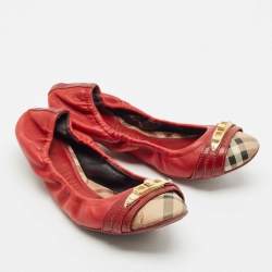 Burberry Tricolor Leather and House Check Canvas Buckle Detail Scrunch Ballet Flats Size 38