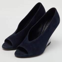 Burberry Blue Suede Reyard Wedge Pumps Size 36.5