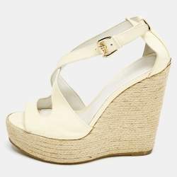 Burberry Cream Patent Peep Toe Wedge Espadrilles Sandals Size 37