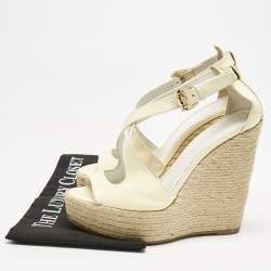Burberry Cream Patent Peep Toe Wedge Espadrilles Sandals Size 37