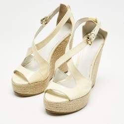 Burberry Cream Patent Peep Toe Wedge Espadrilles Sandals Size 37