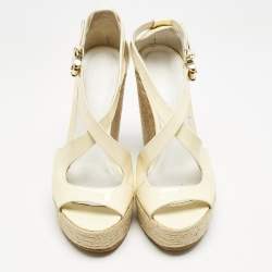 Burberry Cream Patent Peep Toe Wedge Espadrilles Sandals Size 37