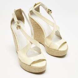 Burberry Cream Patent Peep Toe Wedge Espadrilles Sandals Size 37