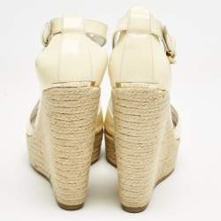Burberry Cream Patent Peep Toe Wedge Espadrilles Sandals Size 37