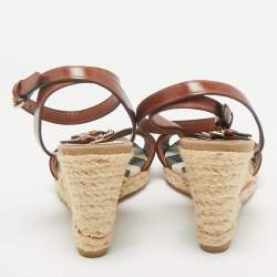 Burberry Brown Leather Nova Check Wedge Sandals Size 38