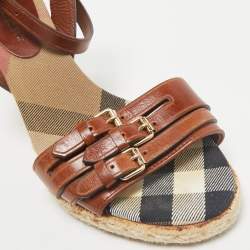 Burberry Brown Leather Nova Check Wedge Sandals Size 38