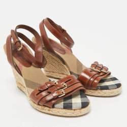 Burberry Brown Leather Nova Check Wedge Sandals Size 38