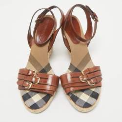 Burberry Brown Leather Nova Check Wedge Sandals Size 38