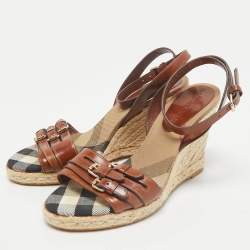 Burberry Brown Leather Nova Check Wedge Sandals Size 38