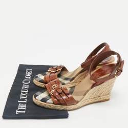 Burberry Brown Leather Nova Check Wedge Sandals Size 38
