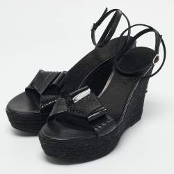 Burberry Black Snakeskin Leather Wedge Sandals Size 38