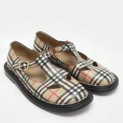 Burberry Beige Vintage Check Leather T-Bar Shoes Size 38.5