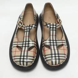 Burberry Beige Vintage Check Leather T-Bar Shoes Size 38.5