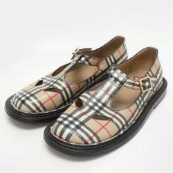 Burberry Beige Vintage Check Leather T-Bar Shoes Size 38.5
