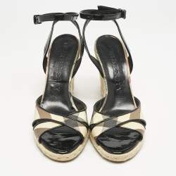 Burberry Brown Patent Leather and Nova Check Canvas Wedge Sandals Size 40