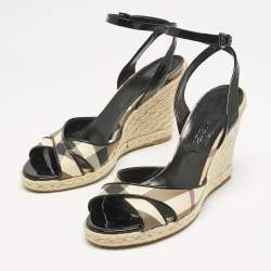 Burberry Brown Patent Leather and Nova Check Canvas Wedge Sandals Size 40