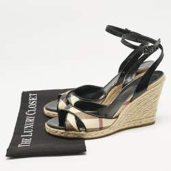 Burberry Brown Patent Leather and Nova Check Canvas Wedge Sandals Size 40