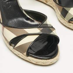 Burberry Brown Patent Leather and Nova Check Canvas Wedge Sandals Size 40