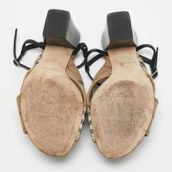 Burberry Beige/Black Canvas and Leather Castlebar Ankle Strap Sandals Size 38