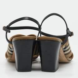Burberry Beige/Black Canvas and Leather Castlebar Ankle Strap Sandals Size 38