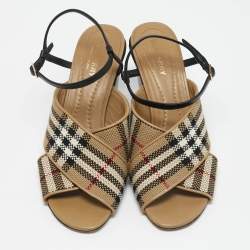 Burberry Beige/Black Canvas and Leather Castlebar Ankle Strap Sandals Size 38