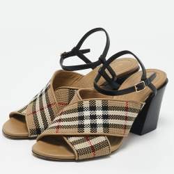 Burberry Beige/Black Canvas and Leather Castlebar Ankle Strap Sandals Size 38