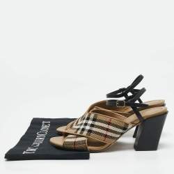 Burberry Beige/Black Canvas and Leather Castlebar Ankle Strap Sandals Size 38