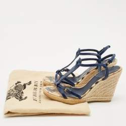 Pre Owned Burberry Navy Blue Leather Espadrille Wedge Sandals Size 38