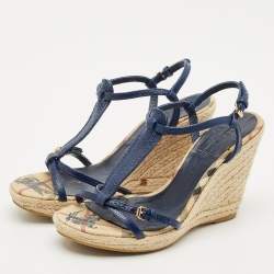 Pre Owned Burberry Navy Blue Leather Espadrille Wedge Sandals Size 38