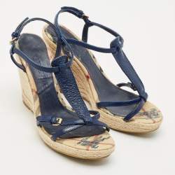 Pre Owned Burberry Navy Blue Leather Espadrille Wedge Sandals Size 38