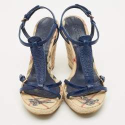 Pre Owned Burberry Navy Blue Leather Espadrille Wedge Sandals Size 38