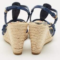 Pre Owned Burberry Navy Blue Leather Espadrille Wedge Sandals Size 38