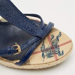 Pre Owned Burberry Navy Blue Leather Espadrille Wedge Sandals Size 38