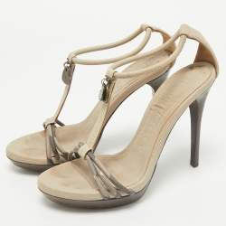 Burberry  Grey Leather and Canvas Ankle Strap Sandals Size 38