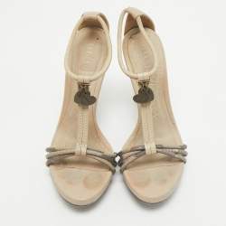 Burberry  Grey Leather and Canvas Ankle Strap Sandals Size 38