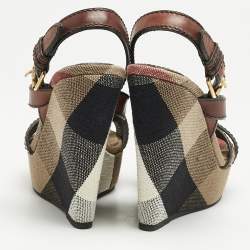 Burberry Brown Leather and Nova Check Canvas Wedge Sandals Size 40