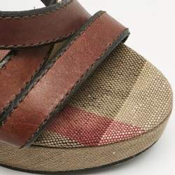 Burberry Brown Leather and Nova Check Canvas Wedge Sandals Size 40