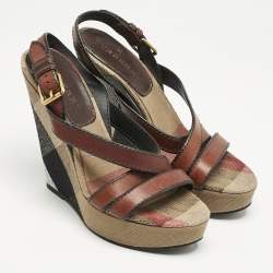 Burberry Brown Leather and Nova Check Canvas Wedge Sandals Size 40