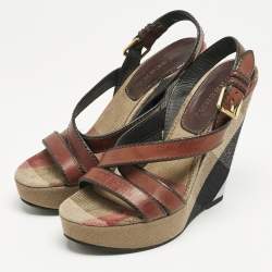 Burberry Brown Leather and Nova Check Canvas Wedge Sandals Size 40