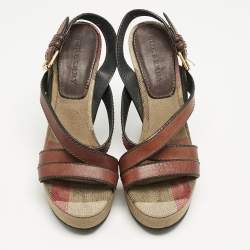 Burberry Brown Leather and Nova Check Canvas Wedge Sandals Size 40