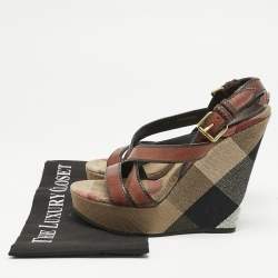 Burberry Brown Leather and Nova Check Canvas Wedge Sandals Size 40