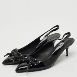 Burberry Black Patent Leather Bow Detail Pointed Toe Slingback Pumps Size 41