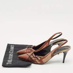 Pre Owned Burberry Brown Leather And Novacheck Buckle Slingback Sandals Size 39
