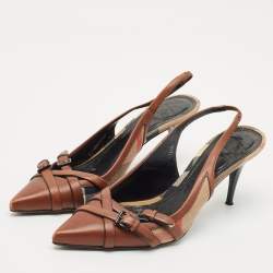 Pre Owned Burberry Brown Leather And Novacheck Buckle Slingback Sandals Size 39