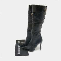 Burberry Black Leather Buckle Pointed Toe Knee Length Boots Size 38